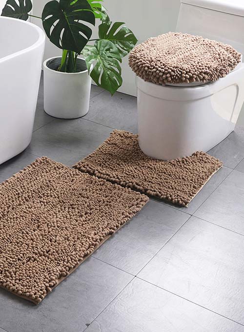 3 PCs Set Anti Skid Commode Mat Set- Brown