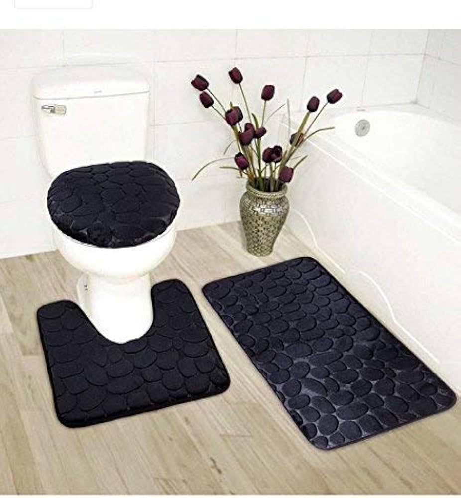 3 PCs Set Anti Skid Commode Mat Set- Black