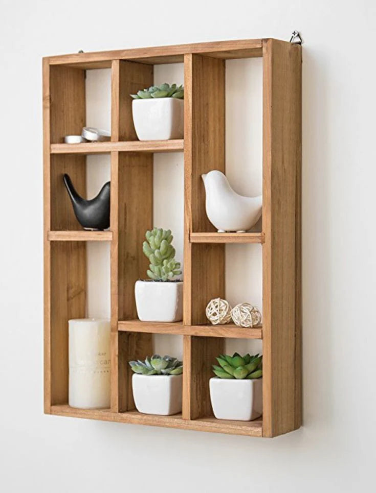 9-SLOT RUSTIC WOOD MOUNTED SHELVE