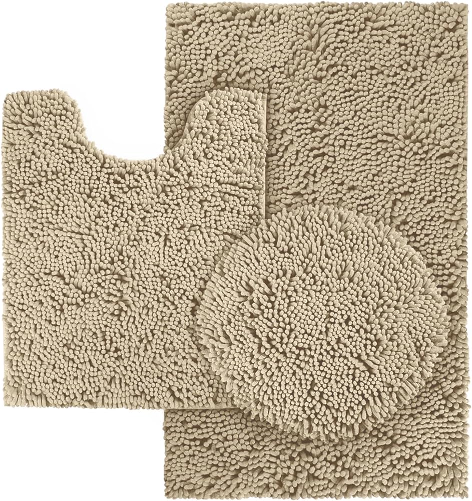 3 PCs Set Anti Skid Commode Mat Set- Beige