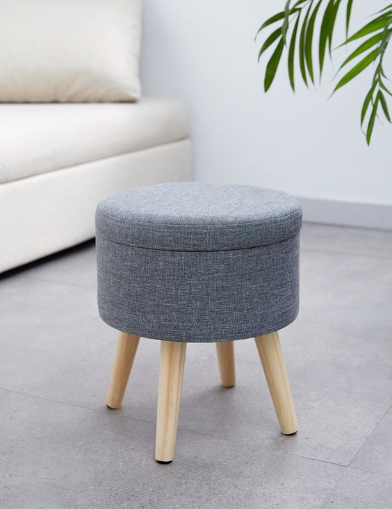 Lavish Home Round Storage Ottoman With Faux Velvet Exterior And Hairpin Legs, Gray