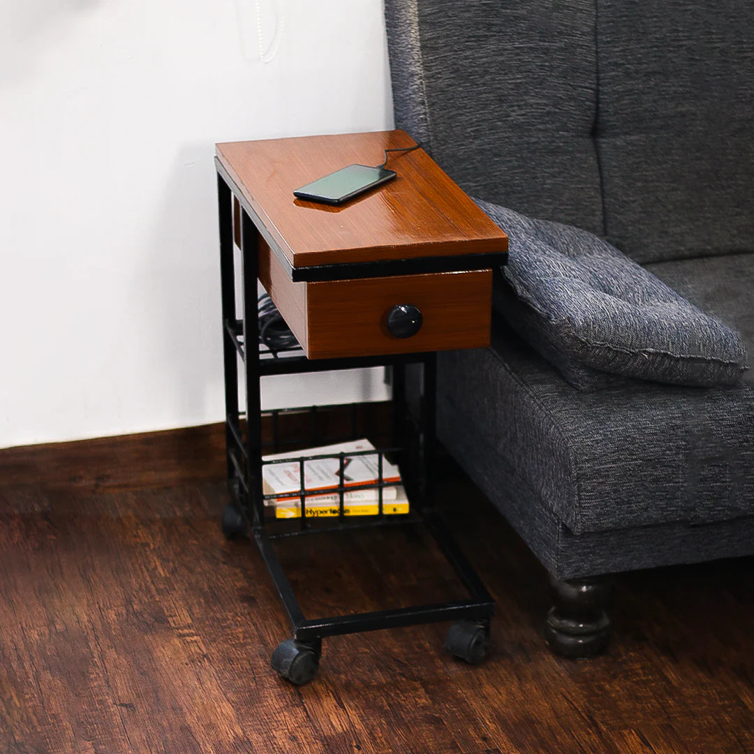 Wooden C-Side Table With Power Outlet & Rack