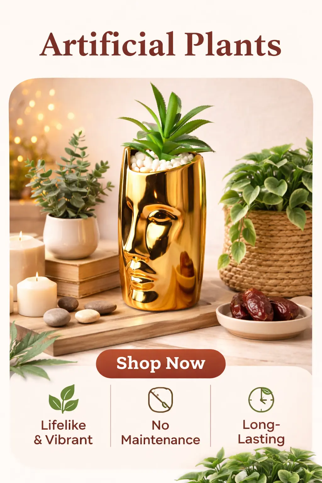 Stylish artificial plant in modern gold face planter for home decor