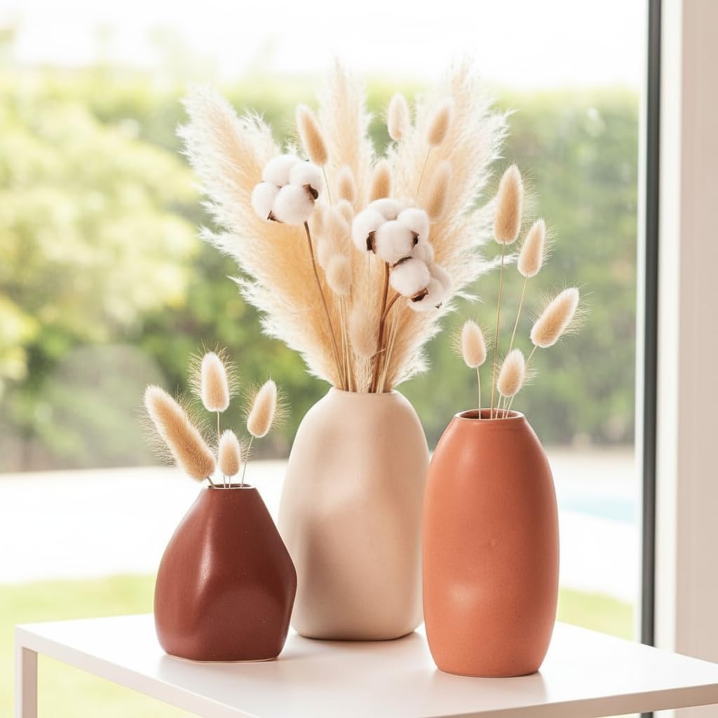 Minimalist PUREZENTO Rustic Ceramic Bud Vase with pampas grass for living room
