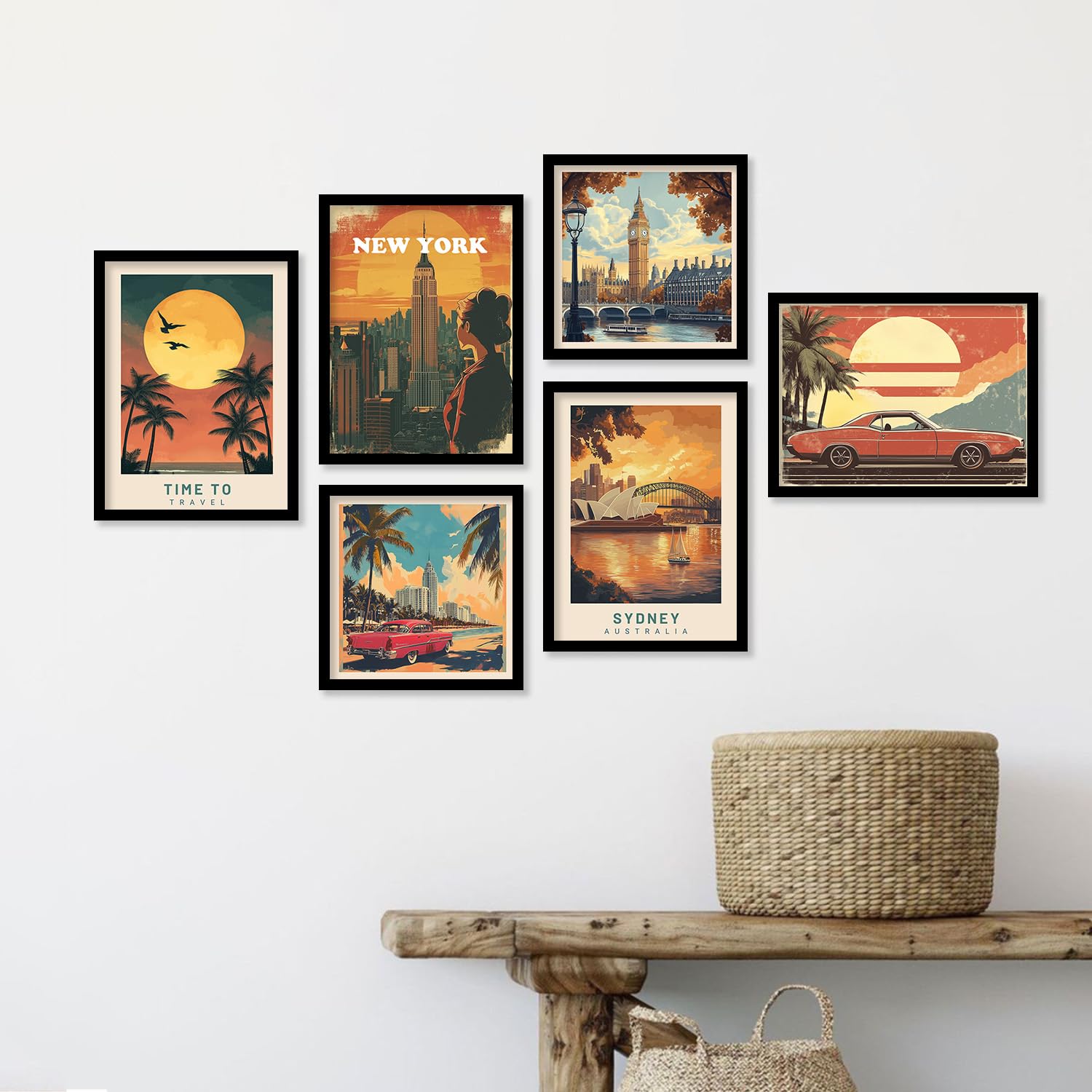 Premium Modern Art City Vibes Wall Decor Set - 8 Piece Retro Travel Theme Frames