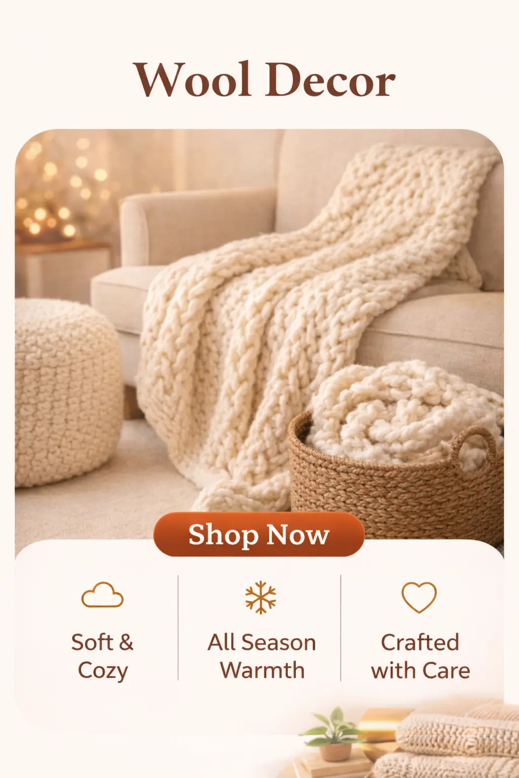 Soft wool decor items including knitted blanket and pouf for cozy home