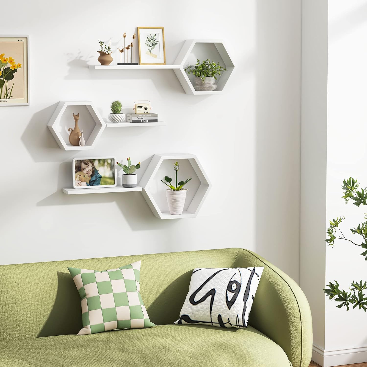 Honeycomb wall shelves for photos plants and decor