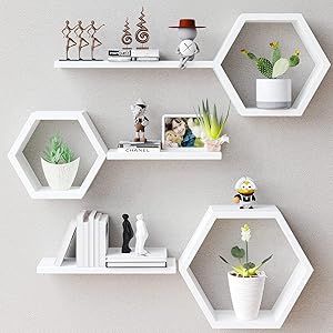 Hexagon wall shelves set of 6 white wooden home decor