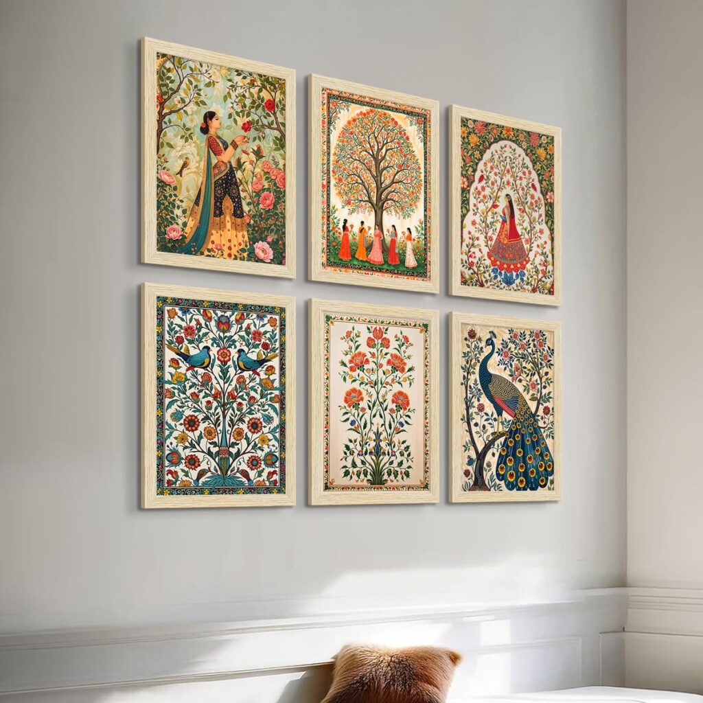 Traditional Indian Art Madhubani Paintings installed on a modern living room wall for ethnic decor