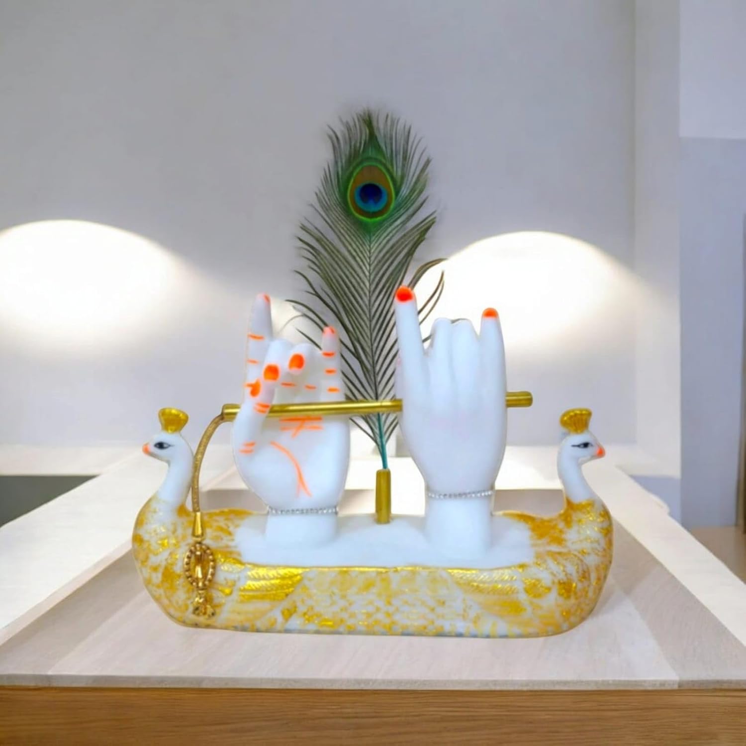 Krishna hands idol with flute and peacock feather design