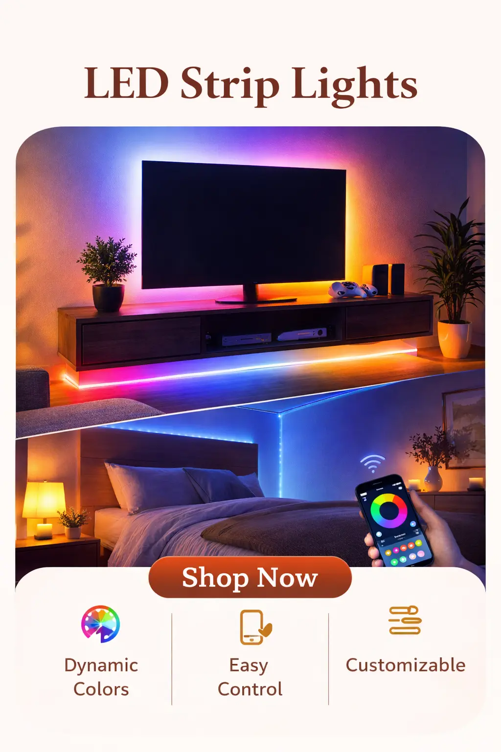 Colorful LED strip lights for modern room and gaming setup decor