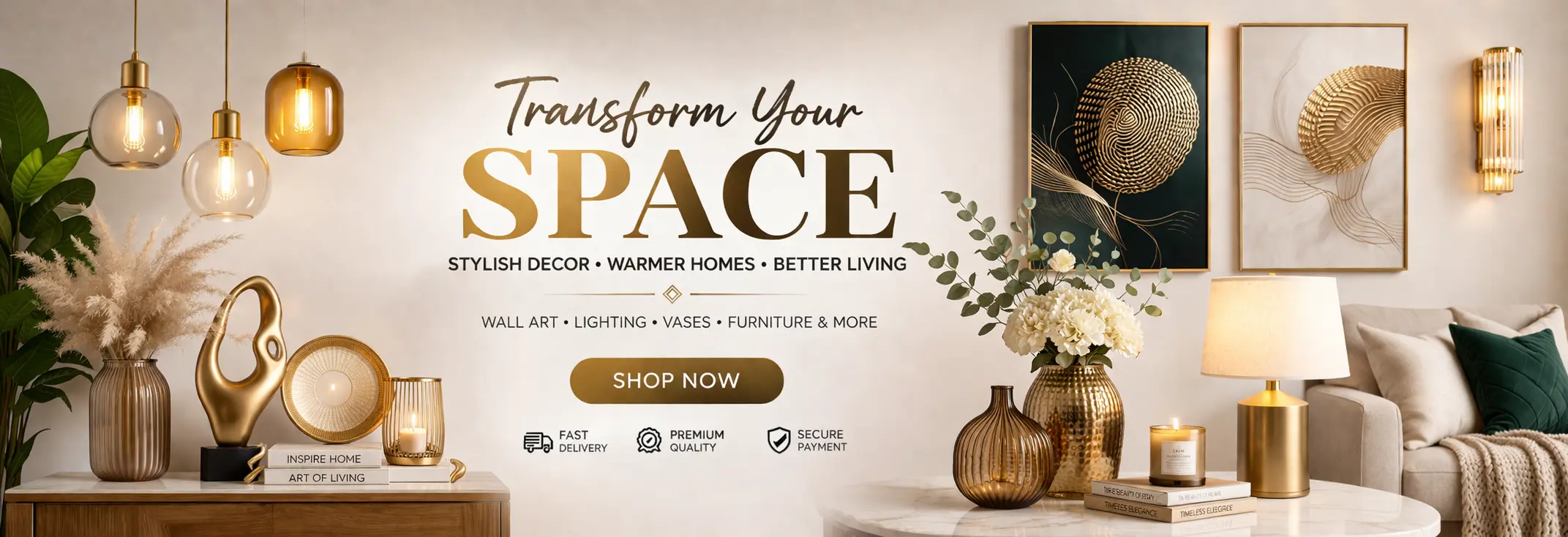 Premium home decor slider banner with wall art lighting vases furniture and stylish living room setup