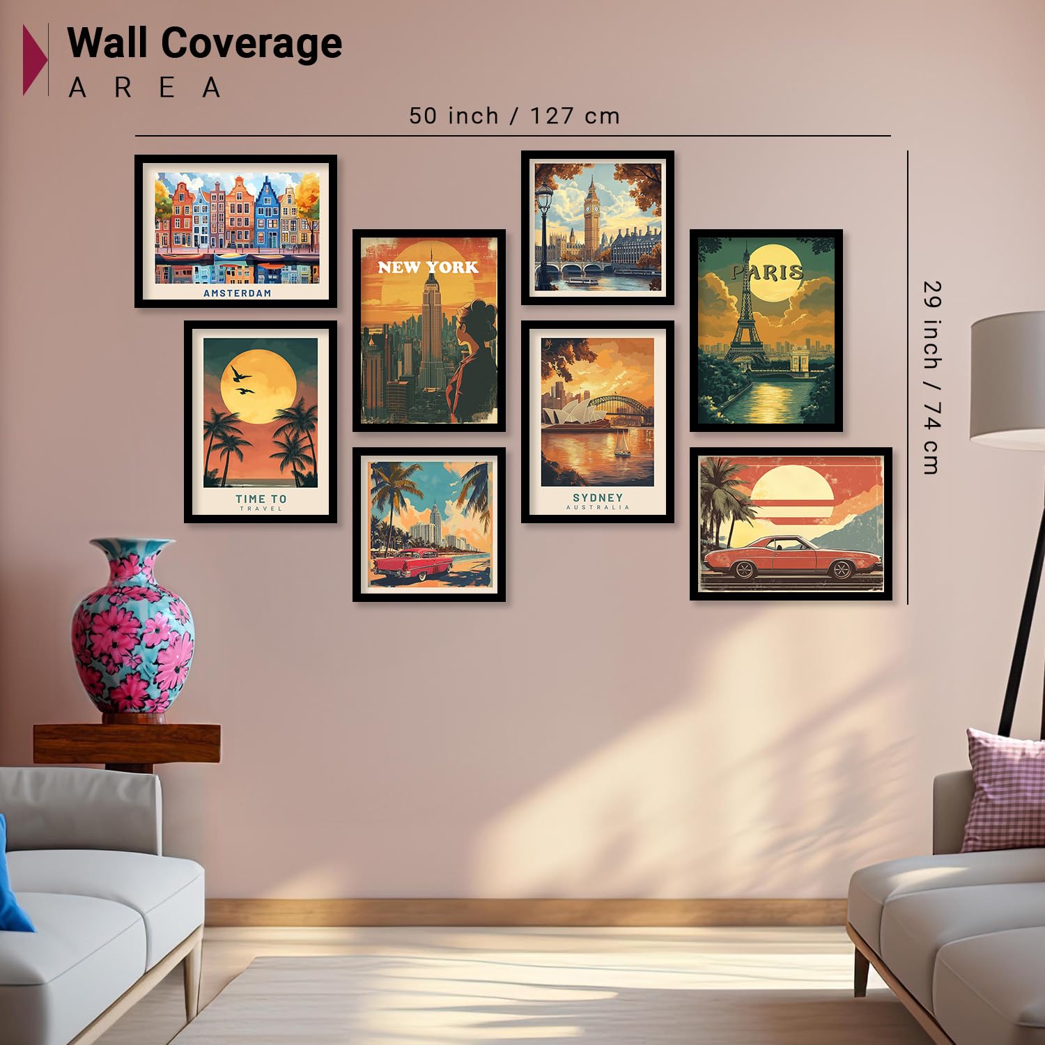 Premium Modern Art City Vibes Wall Decor Set - 8 Piece Retro Travel Theme Frames