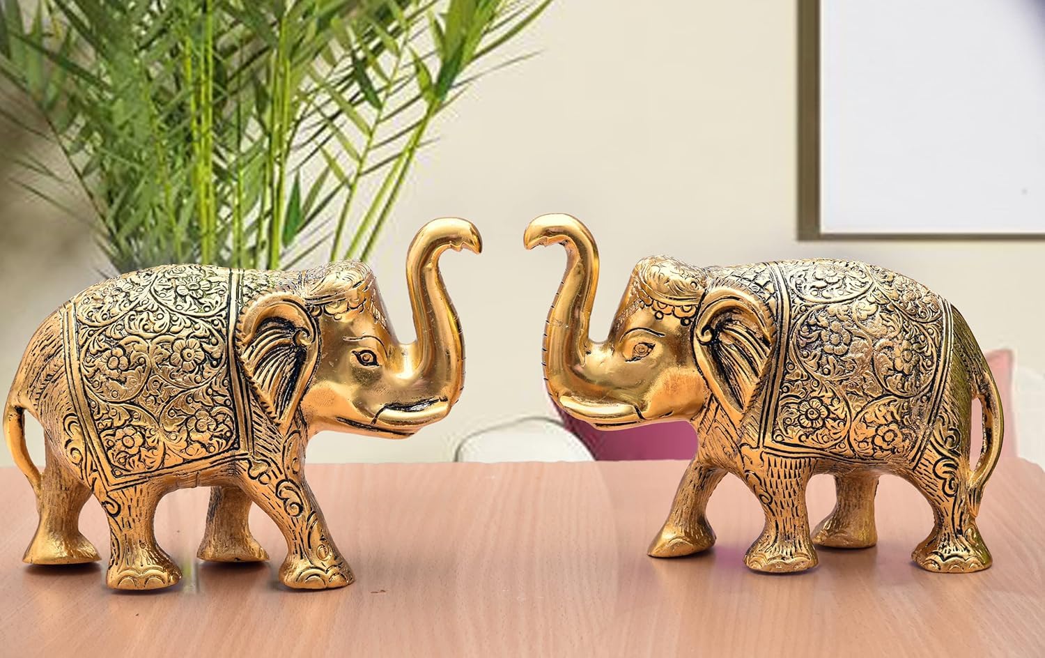 2 Premium Gold Metal Elephants Decorative Showpiece for Home Decor