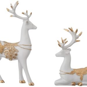 White and Gold Reindeer Figurine Set for Living Room