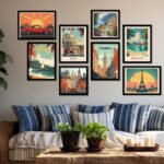 Retro Travel Wall Poster Set of 8 Framed Wall Decor