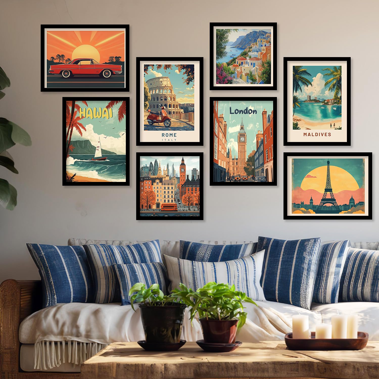Retro Travel Wall Poster Set of 8 Framed Wall Decor