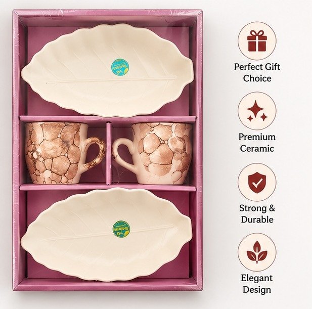 4 Piece Ceramic Tea Cup & Leaf Serving Plate Gift Set Online