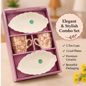 4 Piece Ceramic Tea Cup & Leaf Serving Plate Gift Set Online