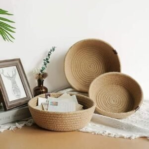 Premium woven jute storage baskets set of 3 with handles