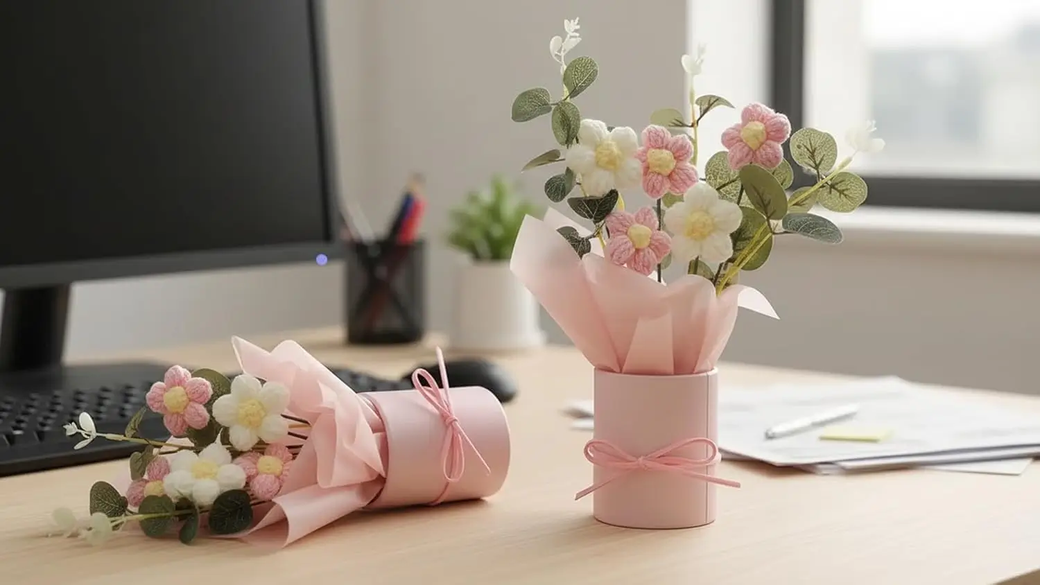Knitted Artificial Daisy Flower Bouquet for Gifting