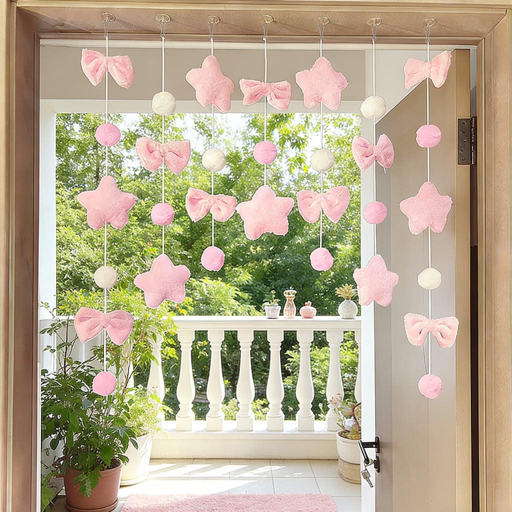 pink plush hanging garland set with star bow pom pom