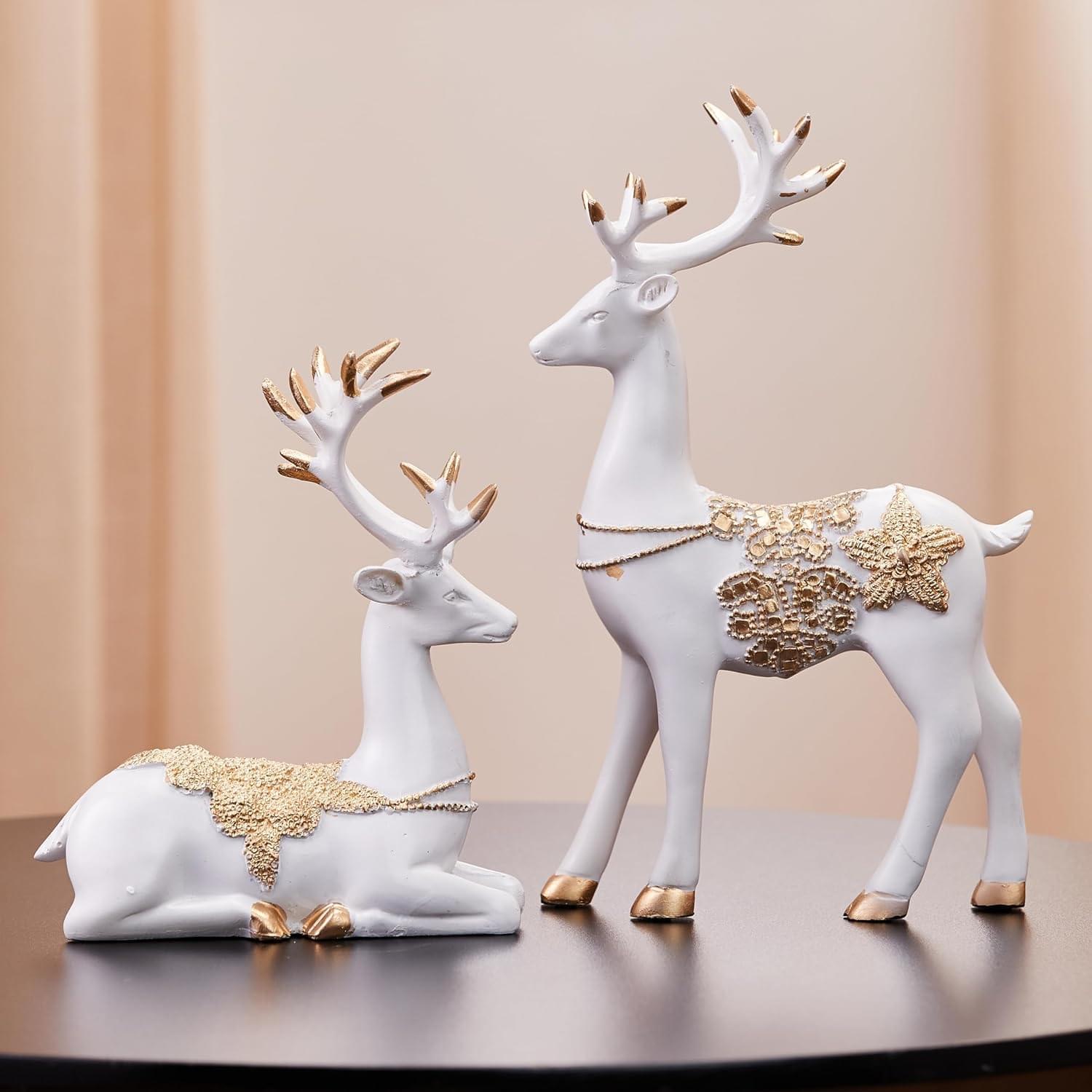 Golden White Reindeer Sculpture Set Table Decoration