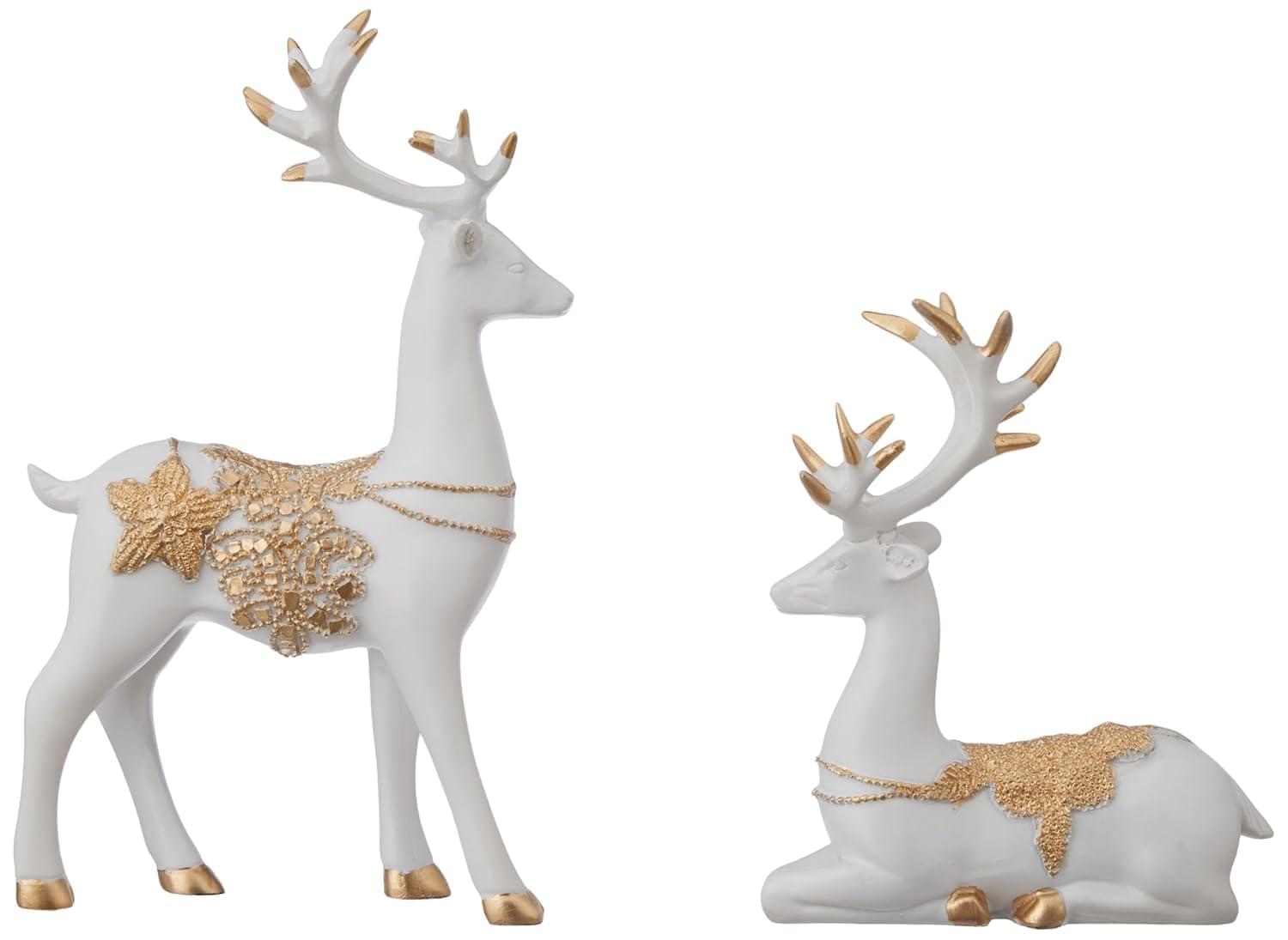White and Gold Reindeer Figurine Set for Living Room