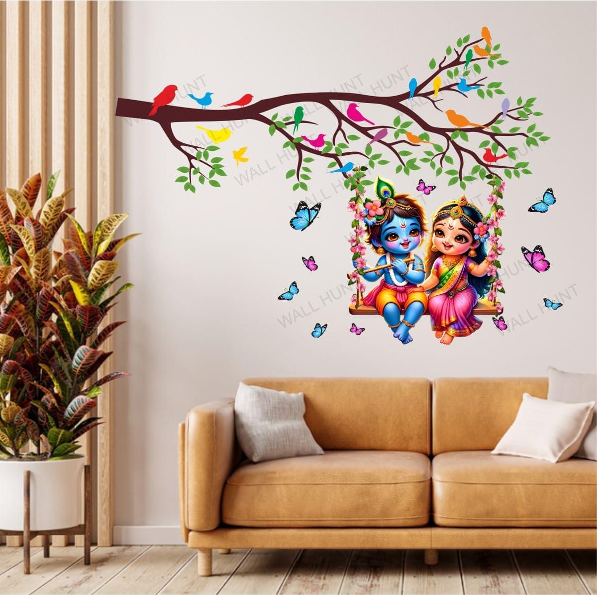 Radha Krishna Tree and Flowers Wall Decor Sticker