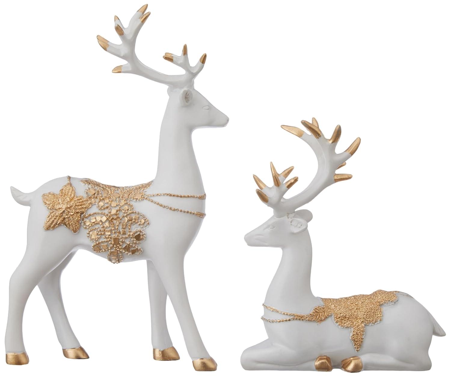 Golden White Reindeer Sculpture Set 2Pcs Home Decor