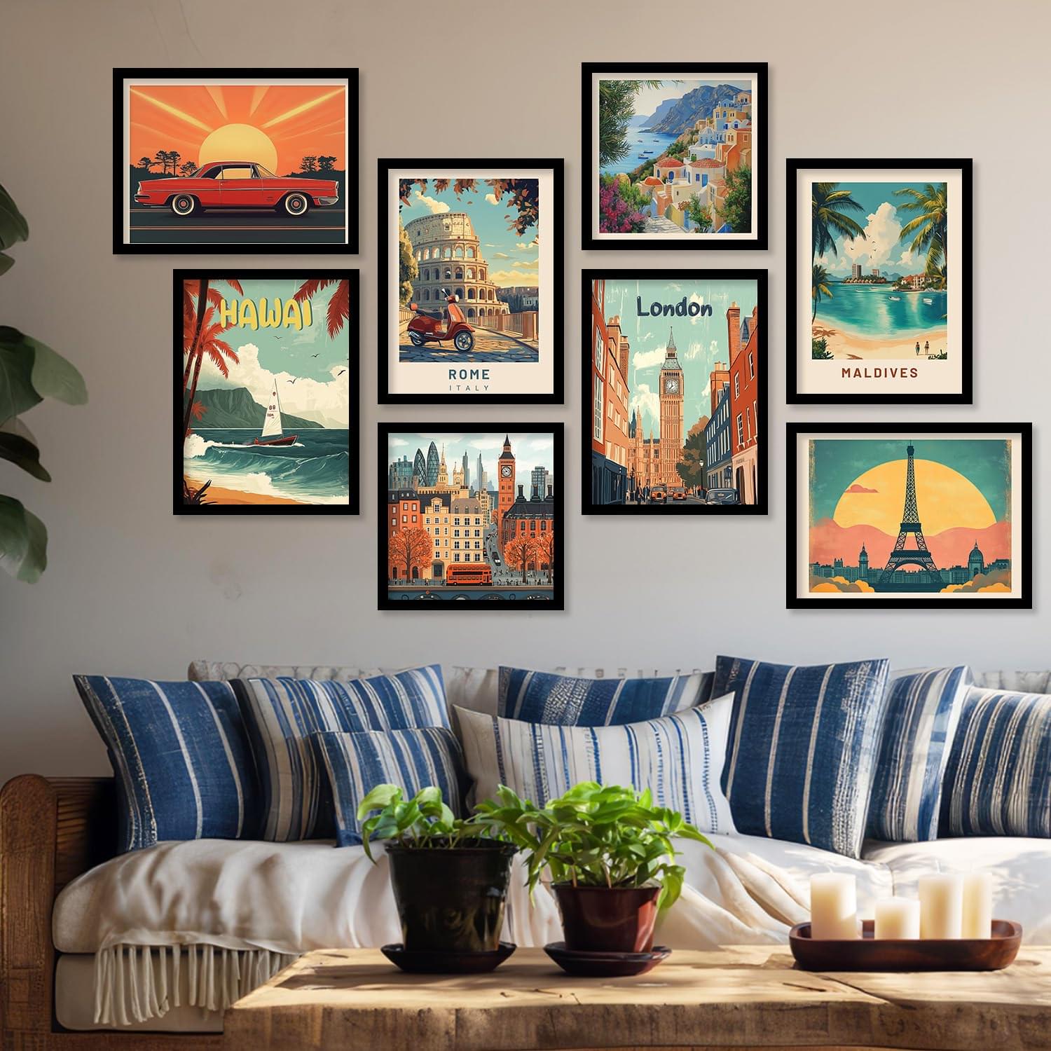Retro Travel Wall Poster Set of 8 Framed Wall Decor