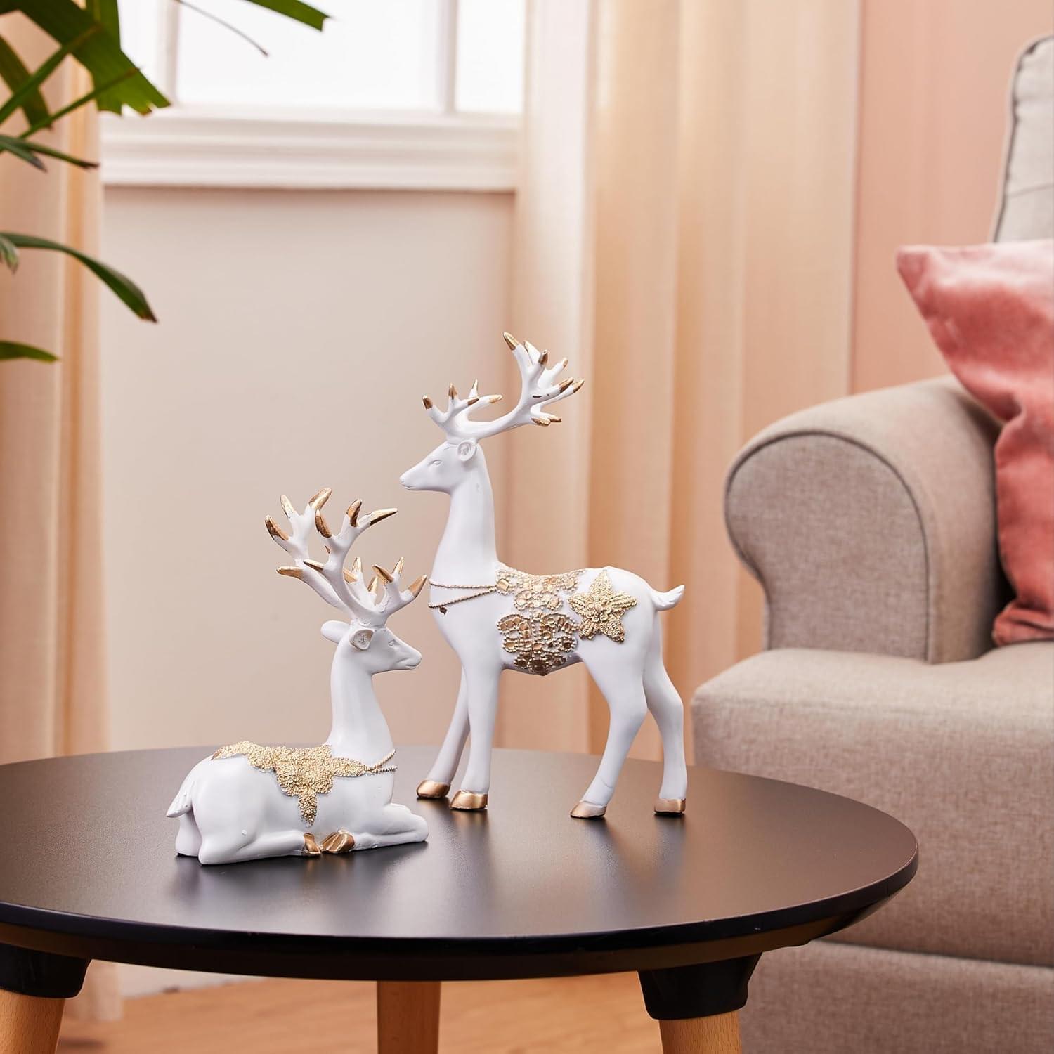 Golden White Reindeer Sculpture Set Resin Showpiece
