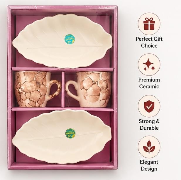 4 Piece Ceramic Tea Cup & Leaf Serving Plate Gift Set Online