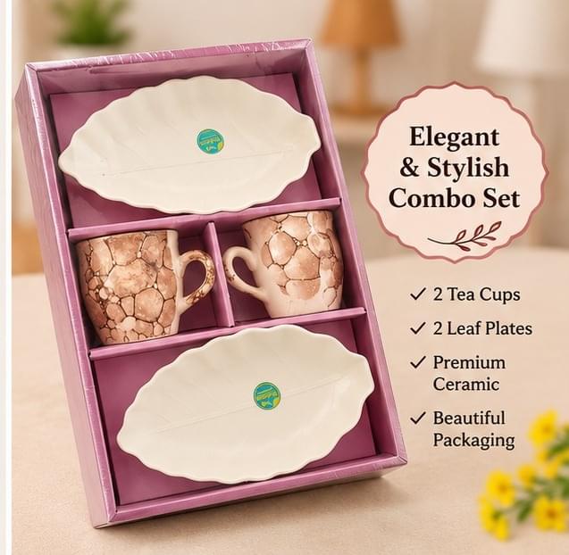 4 Piece Ceramic Tea Cup & Leaf Serving Plate Gift Set Online