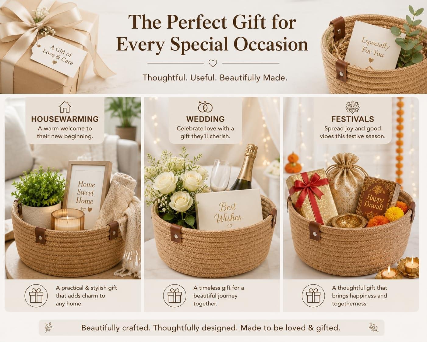 Round woven jute nesting baskets for home organization