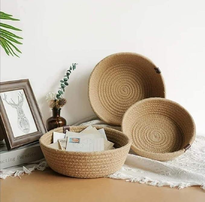 Premium woven jute storage baskets set of 3 with handles